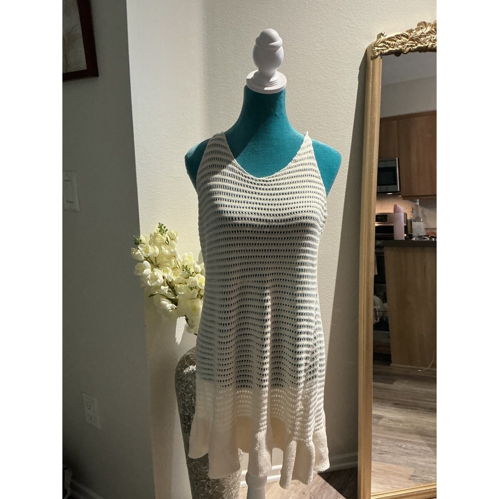 White Crochet Knit Mini Dress Sleeveless V-Neck Ruffle Hem Beach Cover Up Summer